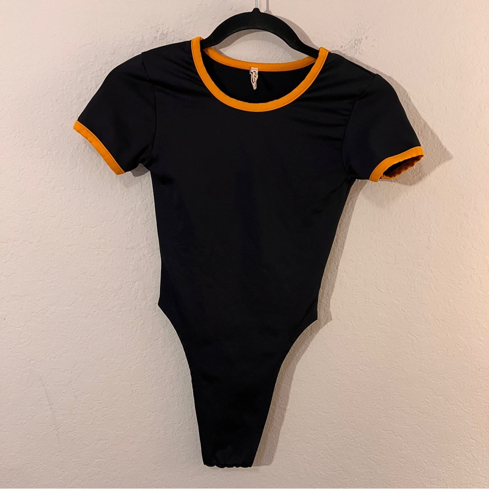 Emma & Sam Black Bodysuit Orange Trim Crewneck Snap Closure XS